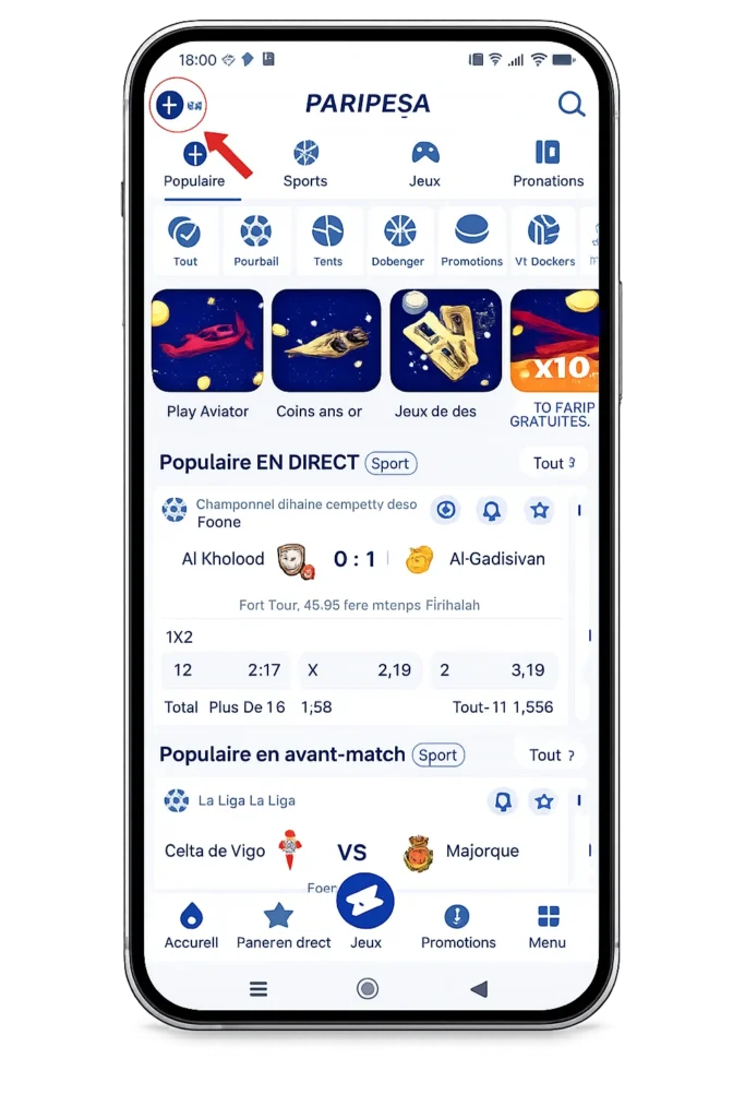 interface d'acceuil de paripesa apk