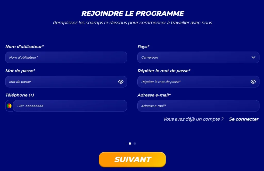 capture d'écran de la page d'inscription de Paripesa Partners