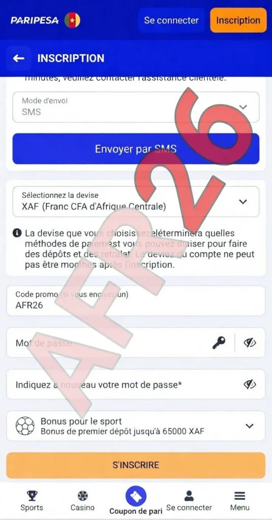 Interface d'inscription en utlisant ce code promo paripesa